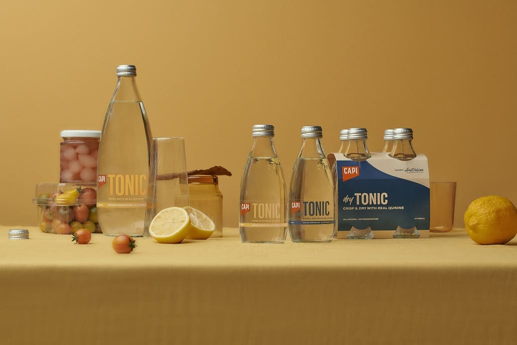 Dry tonic bottles on a table