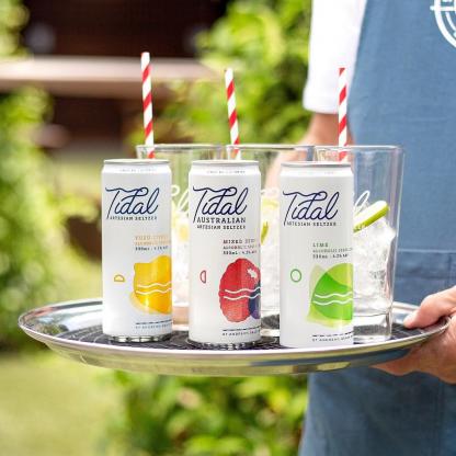 Tidal Seltzer cans on a tray