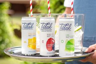 Tidal Seltzer cans on a tray